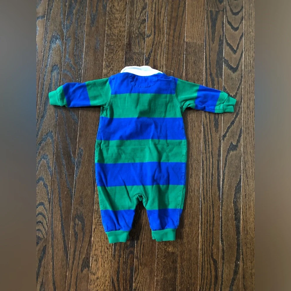 Ralph Lauren Boys 3M Green/Blue Stripe Rugby Collared Polo Long-Sleeve One Piece